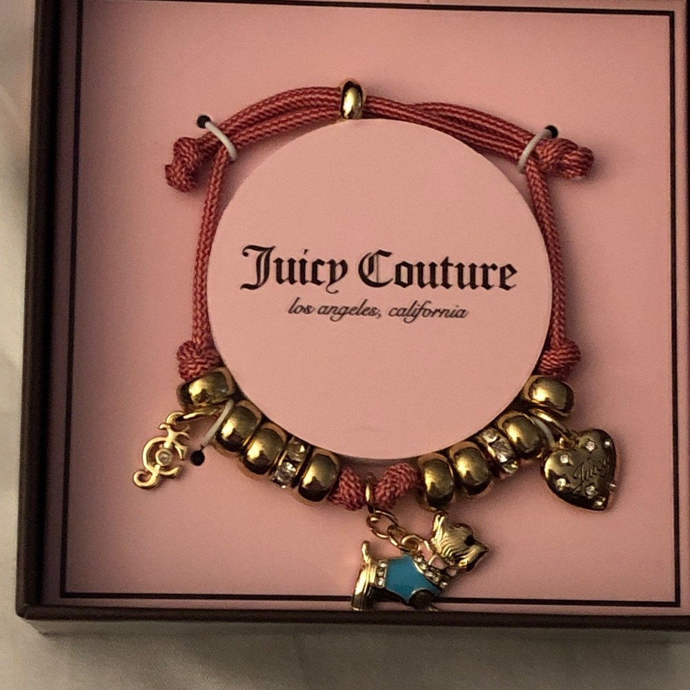 Juicy Couture Pink Nylon Paracord Charm Bracelet Scottie Dog JC Heart NIB